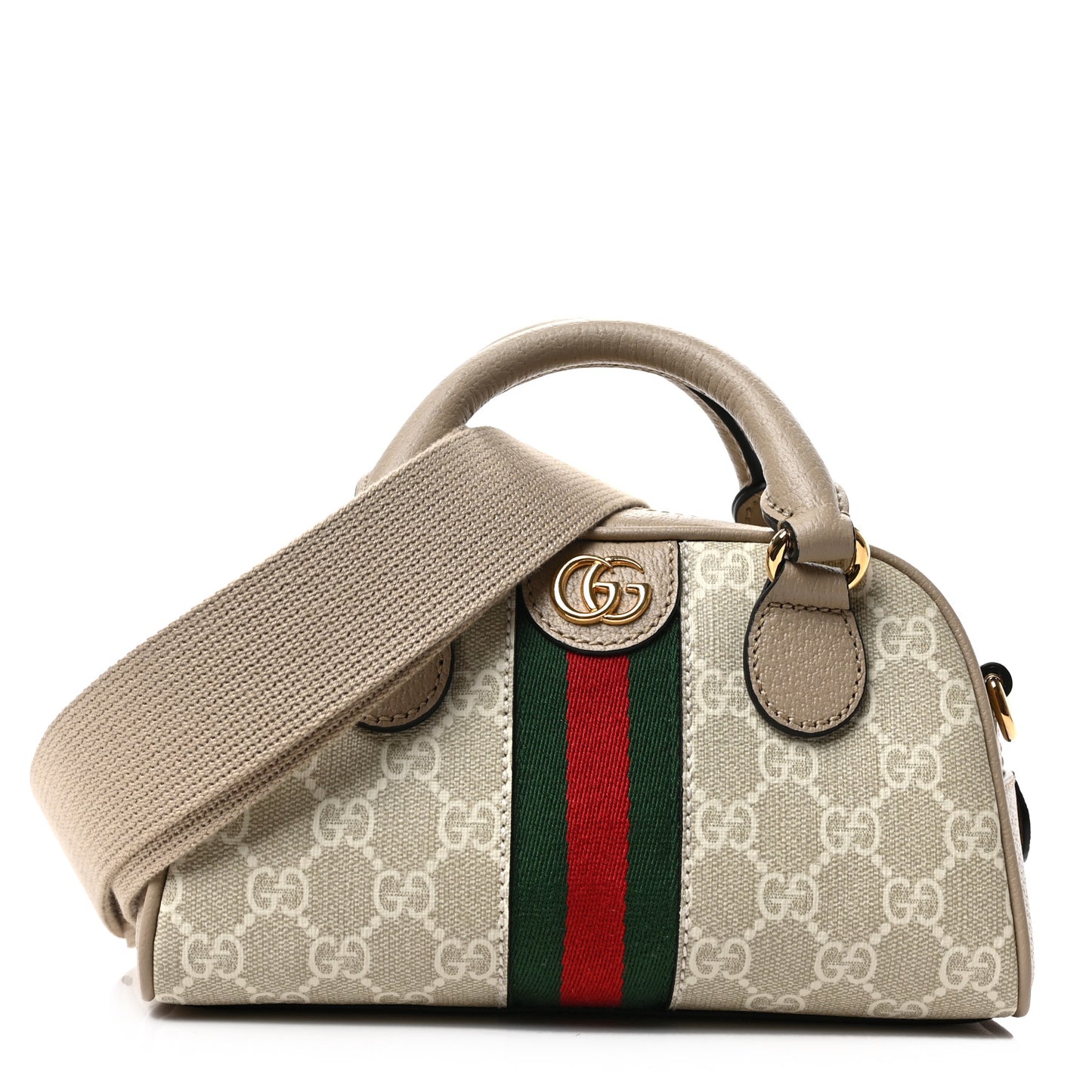 GG Supreme Monogram Textured Dollar Calfskin Web Mini Ophidia Top Handle Bowler Bag Beige Mystic White Oatmeal