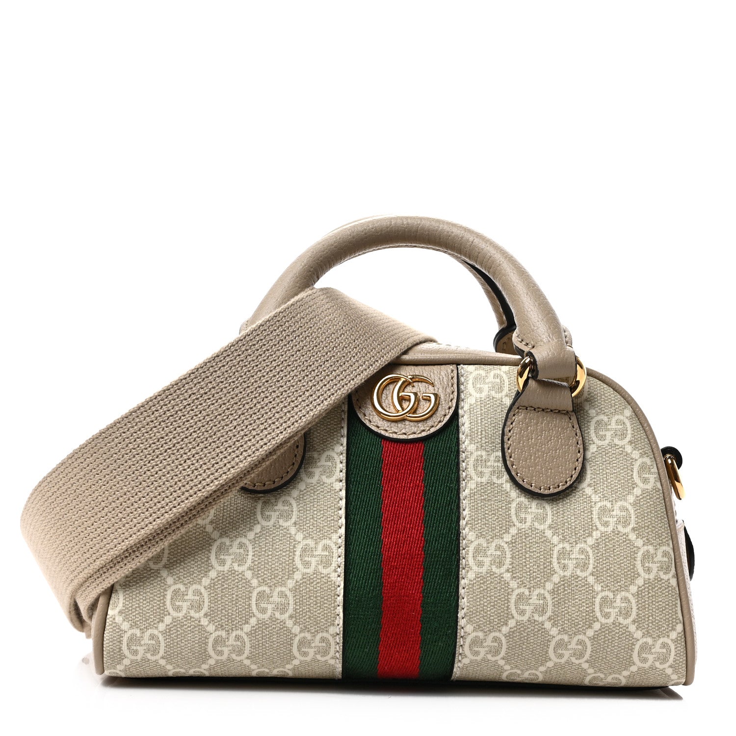 Gucci GG Supreme Monogram Textured Dollar Calfskin Web Mini Ophidia Top Handle Bowler Bag Beige Mystic White Oatmeal 1 of 8