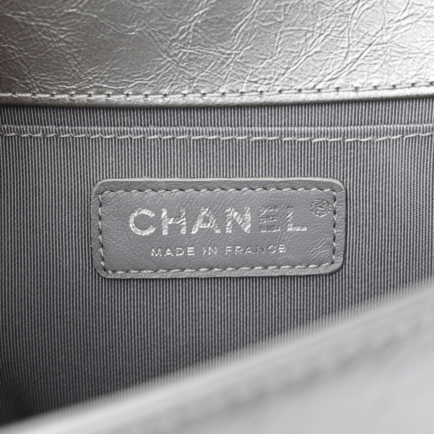 Metallic Aged Calfskin Quilted Medium Top Handle Boy Flap Silver