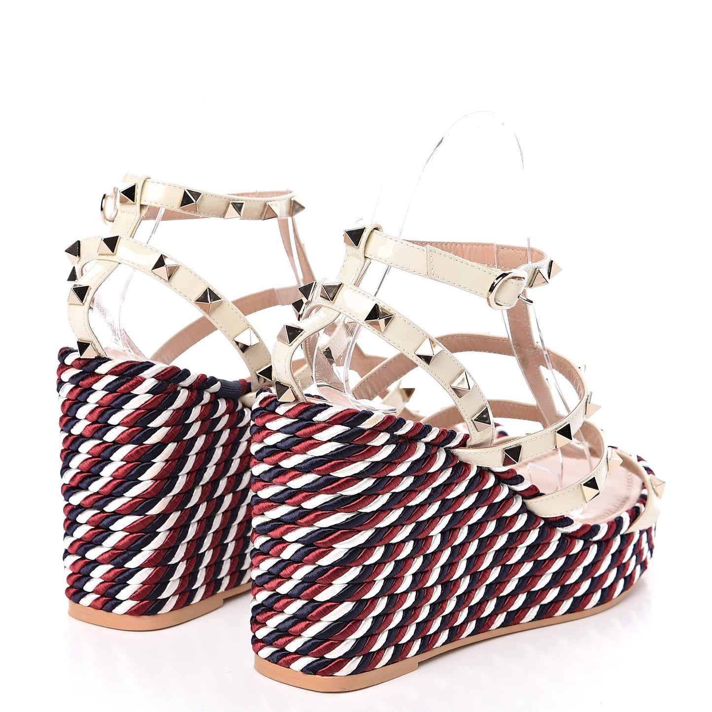 Patent Rockstud Ankle Strap Torchon Espadrille Caged 25/95mm Wedge Sandals 38 Light Ivory