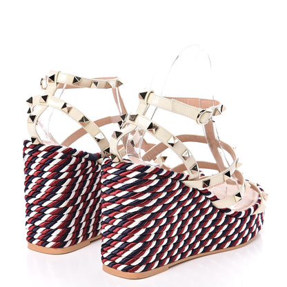 Valentino Garavani Patent Rockstud Ankle Strap Torchon Espadrille Caged 25/95mm Wedge Sandals 38 Light Ivory 4 of 9