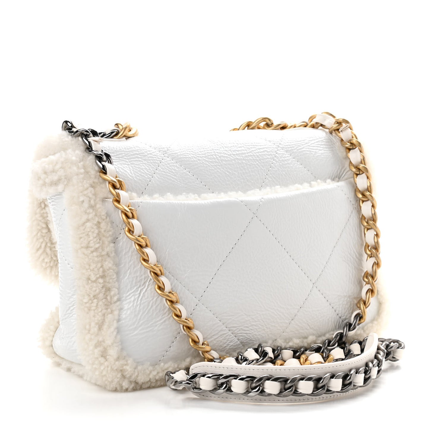 Crumpled Calfskin Shearling Sheepskin Medium Chanel 19 Flap White