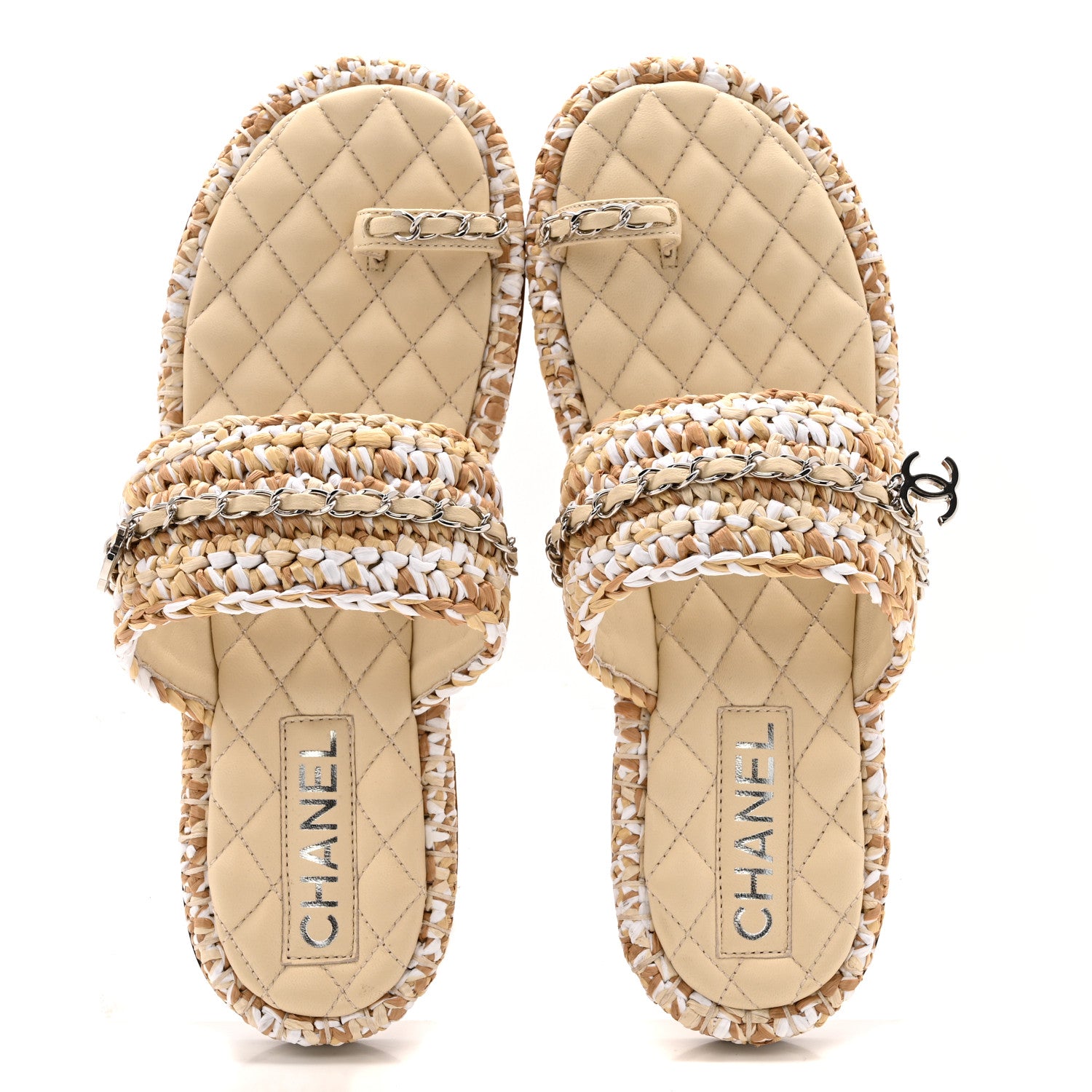 Chanel Raffia Lambskin Woven Chain CC Toe Ring Sandals 40 Beige White 2 of 10