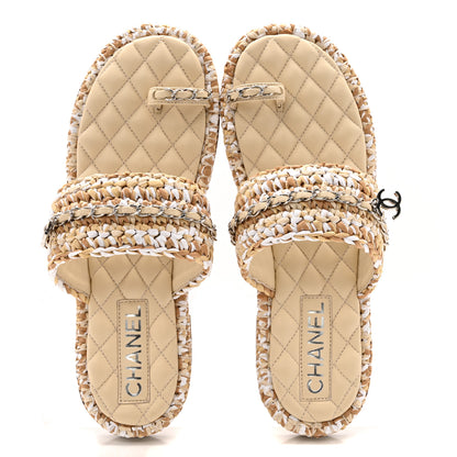 Chanel Raffia Lambskin Woven Chain CC Toe Ring Sandals 40 Beige White 2 of 10