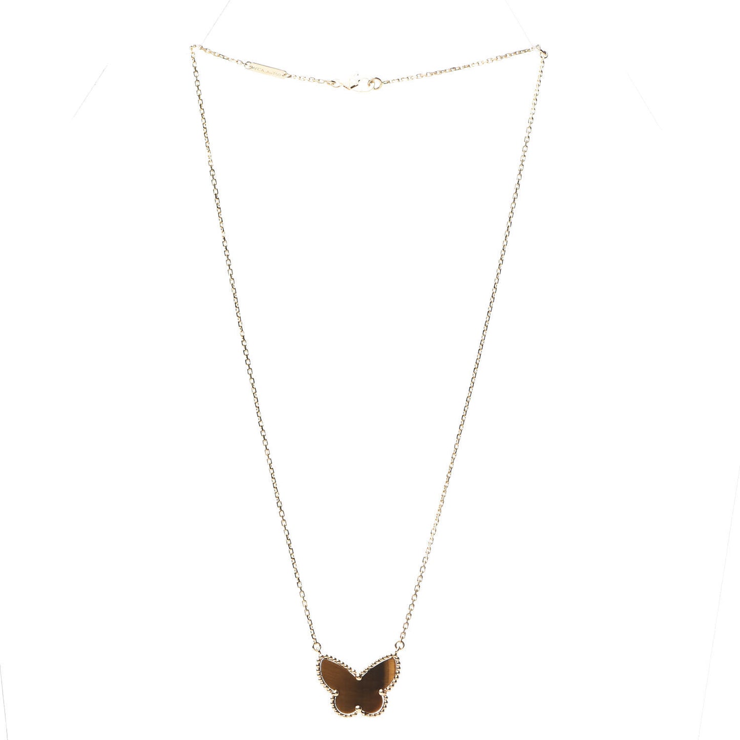 18K Yellow Gold Tiger Eye Lucky Alhambra Butterfly Pendant Necklace