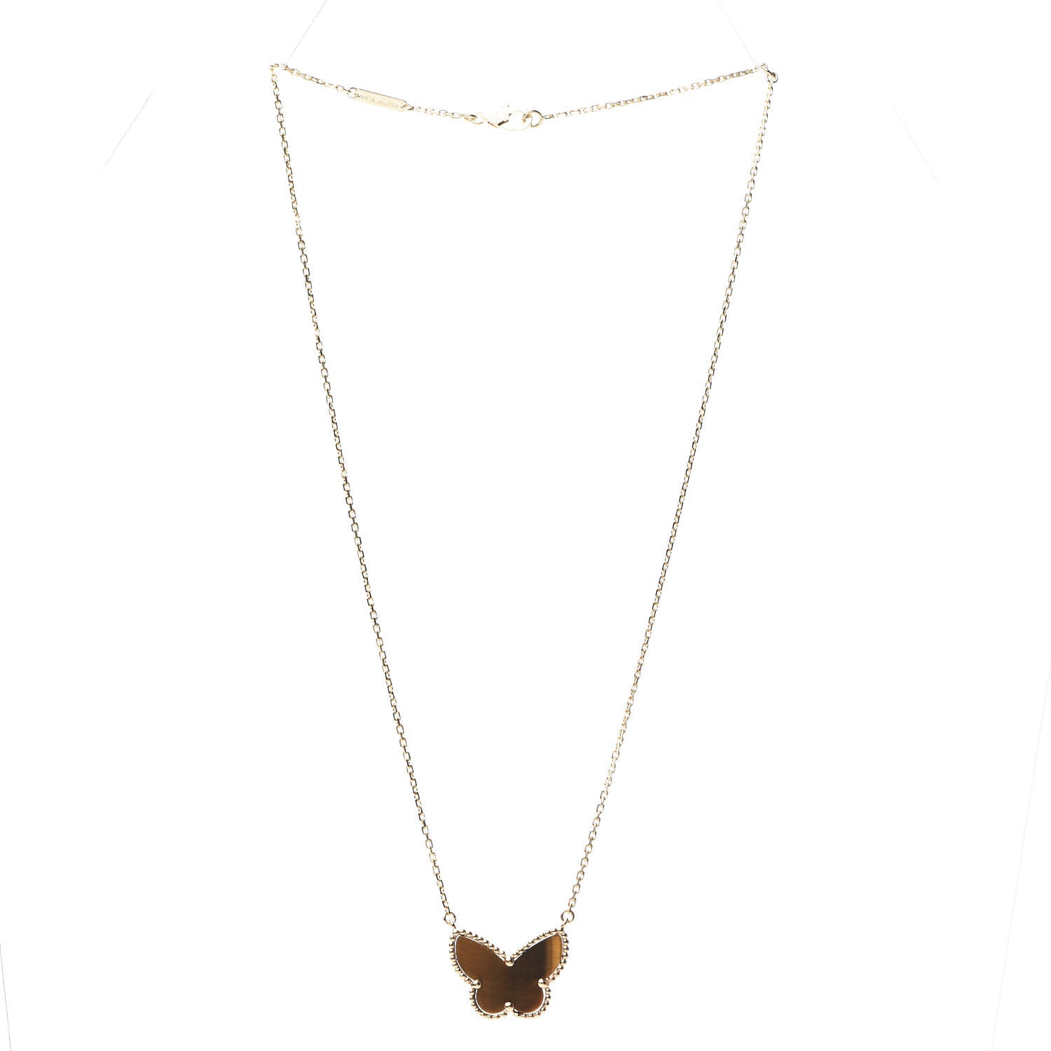 Van Cleef & Arpels 18K Yellow Gold Tiger Eye Lucky Alhambra Butterfly Pendant Necklace 2 of 6