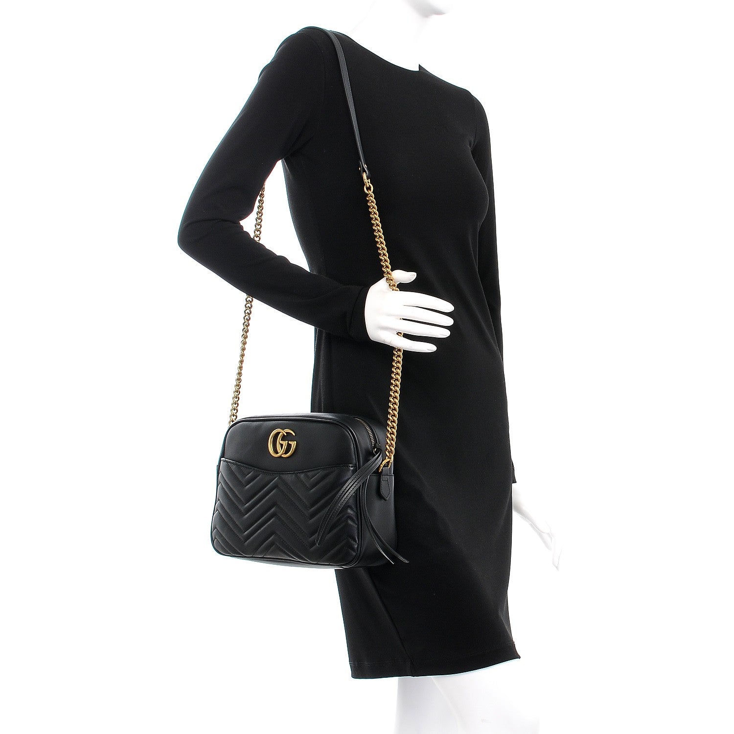 Gucci Calfskin Matelasse Medium GG Marmont Chain Shoulder Bag Black 2 of 7