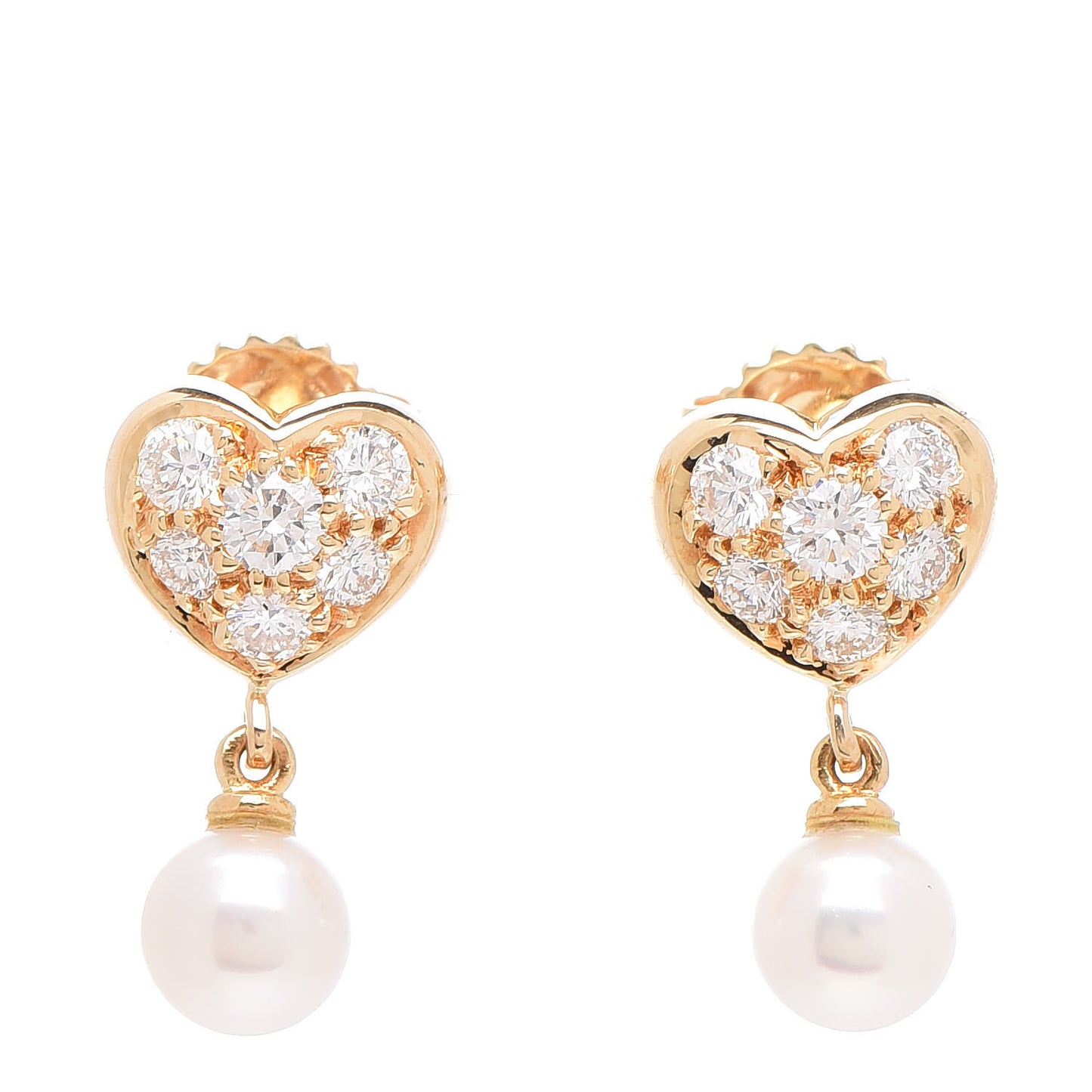 18K Yellow Gold Diamond Pearl 5mm Heart Pearl Drop Earrings