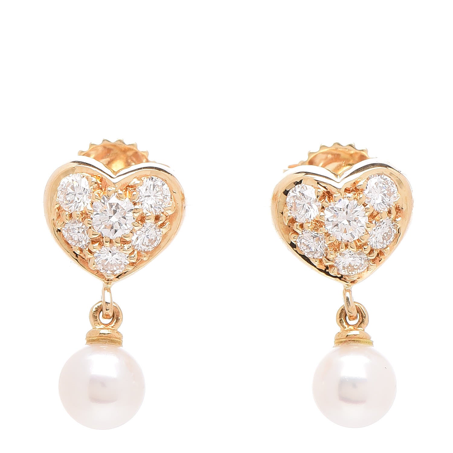 Tiffany 18K Yellow Gold Diamond Pearl 5mm Heart Pearl Drop Earrings 1 of 4