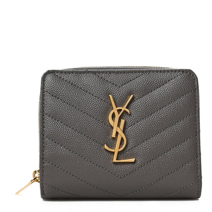 Saint Laurent Grain De Poudre Matelasse Chevron Monogram Compact Zip Around Wallet Fog 1 of 6
