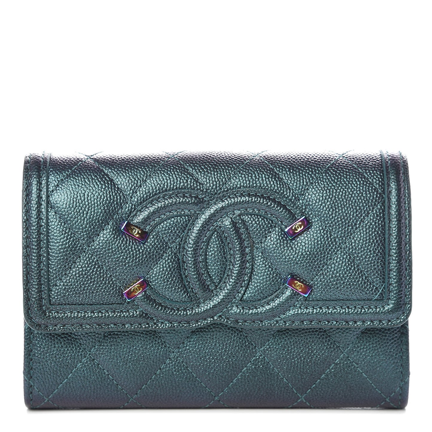 Iridescent Caviar Quilted Medium Filigree Flap Wallet Dark Turquoise