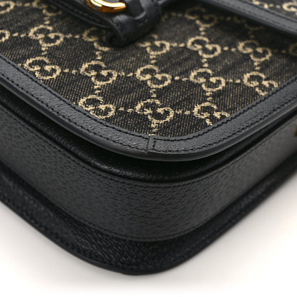 Gucci Jacquard Black Denim GG Monogram Textured Dollar Calfskin Horsebit 1955 Shoulder Bag Black Ivory 12 of 13