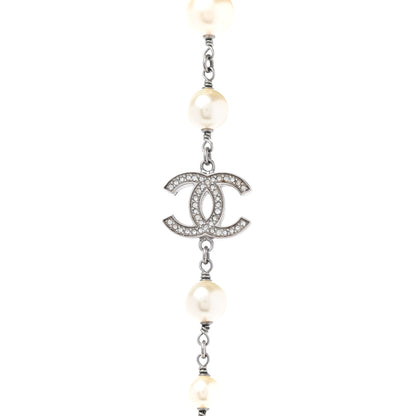 Chanel Graduated Pearl Crystal CC Long Necklace Silver 4 of 6
