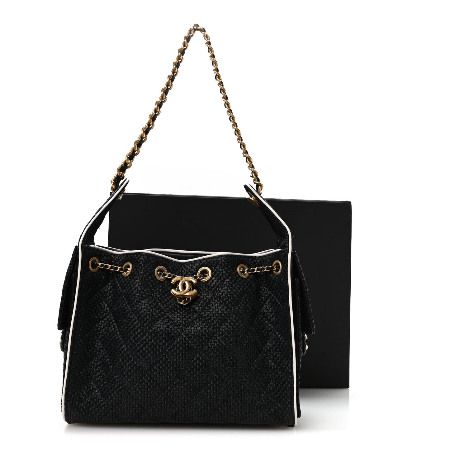Braided Raffia Calfskin Small Chanel 25 Handbag Black White