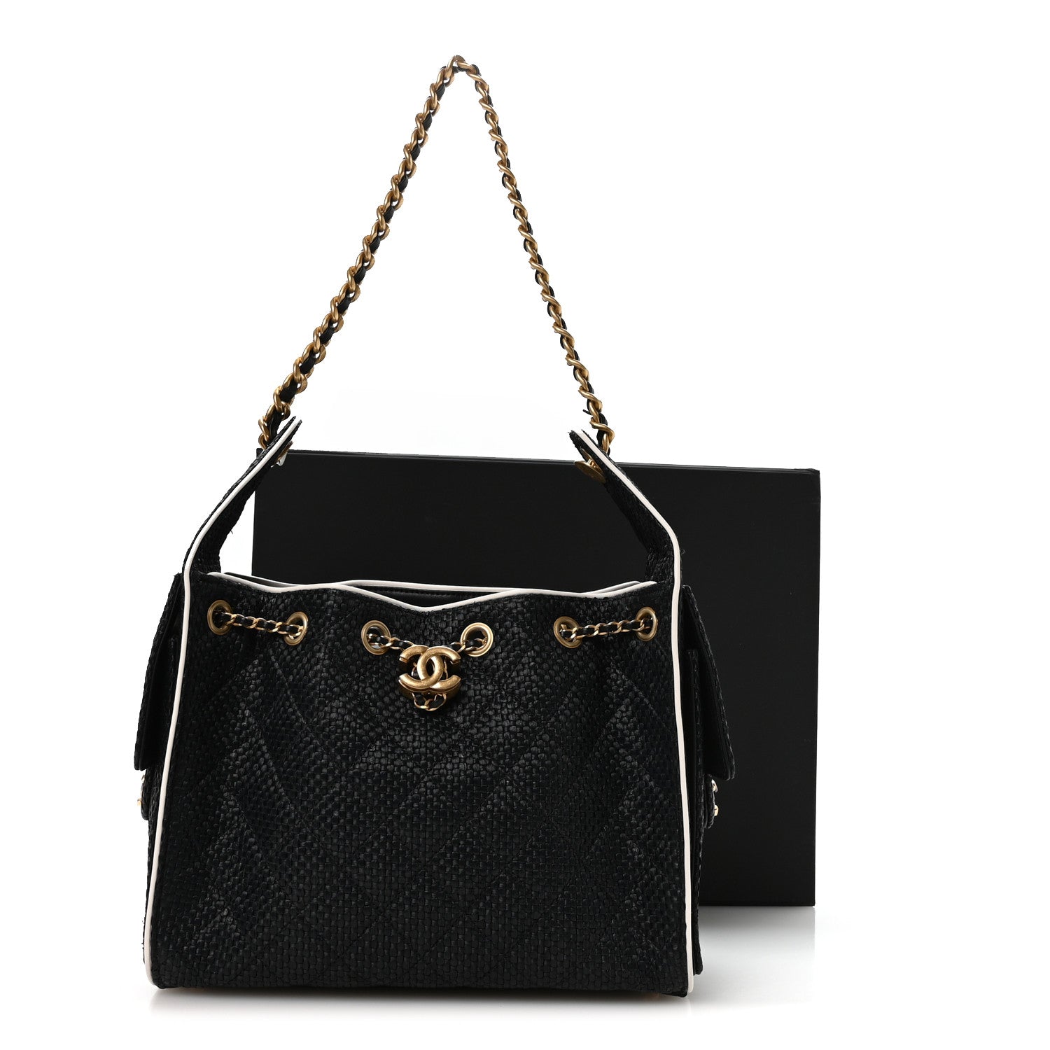 Chanel Braided Raffia Calfskin Small Chanel 25 Handbag Black White 11 of 11