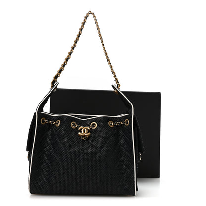 Chanel Braided Raffia Calfskin Small Chanel 25 Handbag Black White 11 of 11