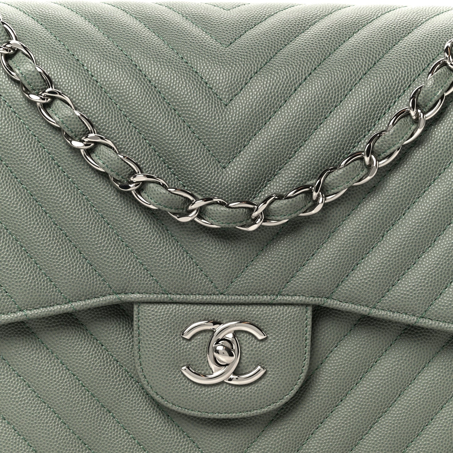 Caviar Chevron Quilted Jumbo Double Flap Green