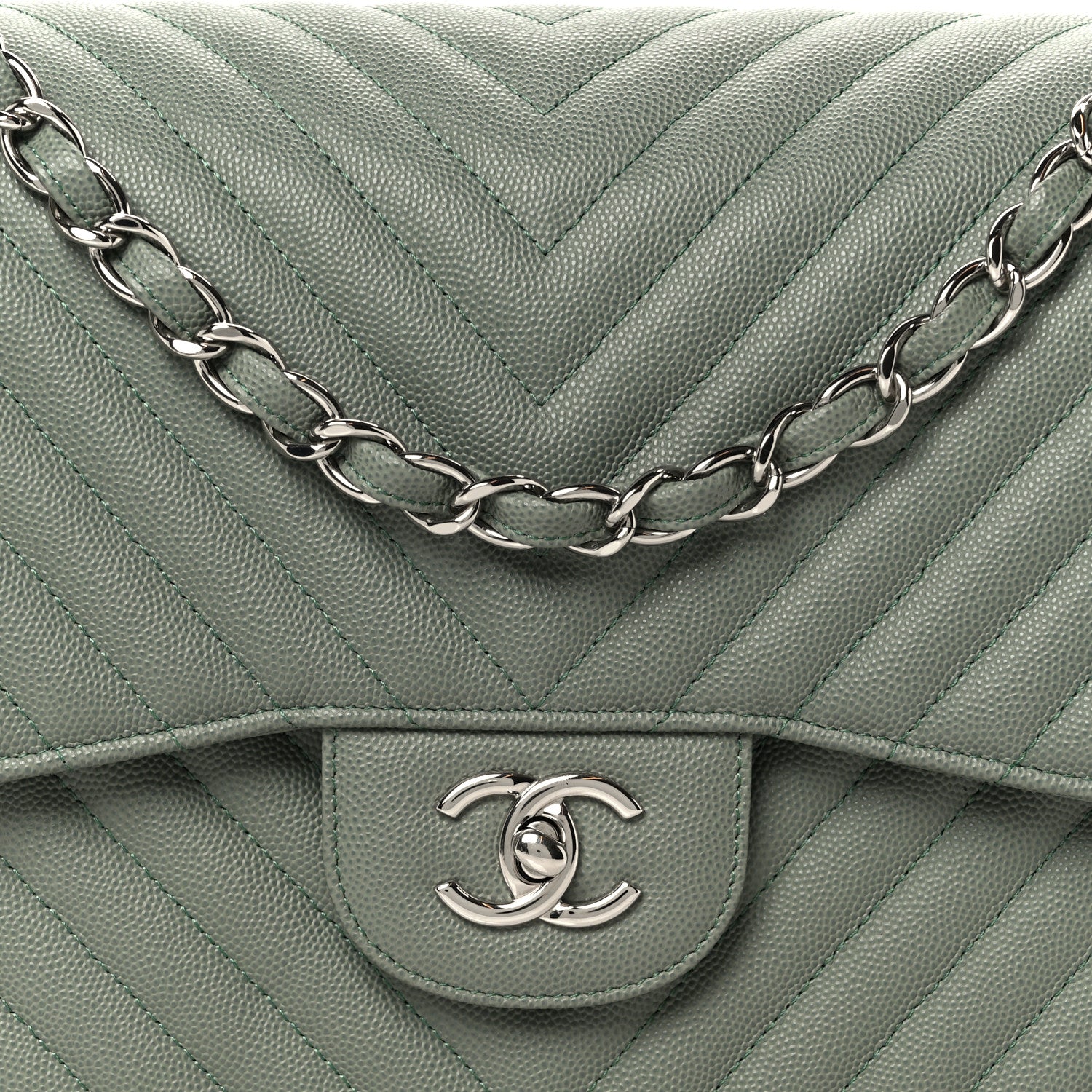 Chanel Caviar Chevron Quilted Jumbo Double Flap Green 9 of 11