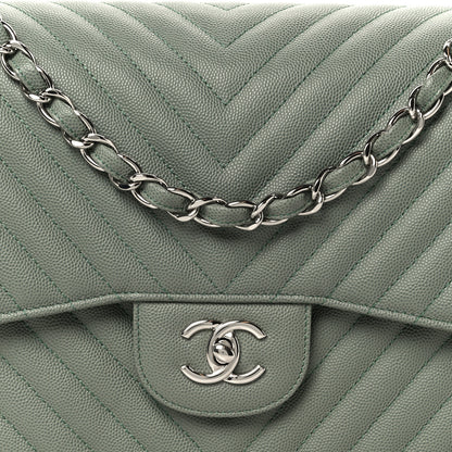 Chanel Caviar Chevron Quilted Jumbo Double Flap Green 9 of 11