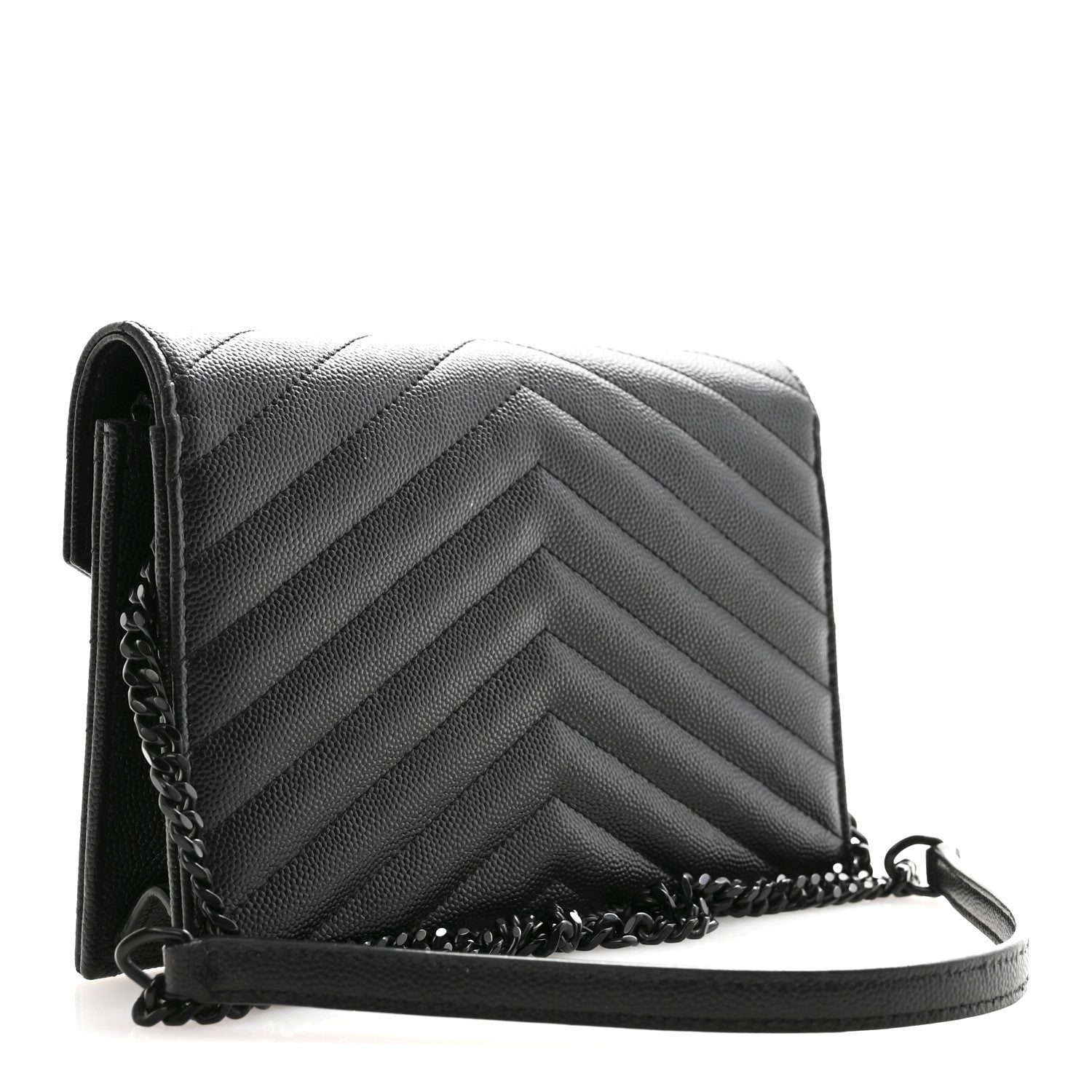 Saint Laurent Grain De Poudre Matelasse Chevron Monogram Monochrome Envelope Chain Wallet Black 3 of 16