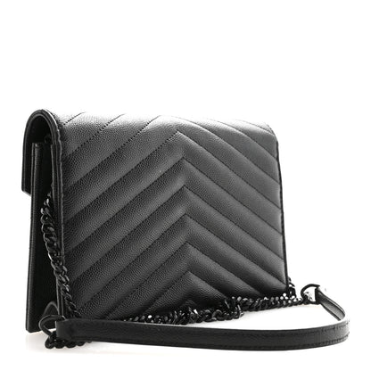 Saint Laurent Grain De Poudre Matelasse Chevron Monogram Monochrome Envelope Chain Wallet Black 3 of 16