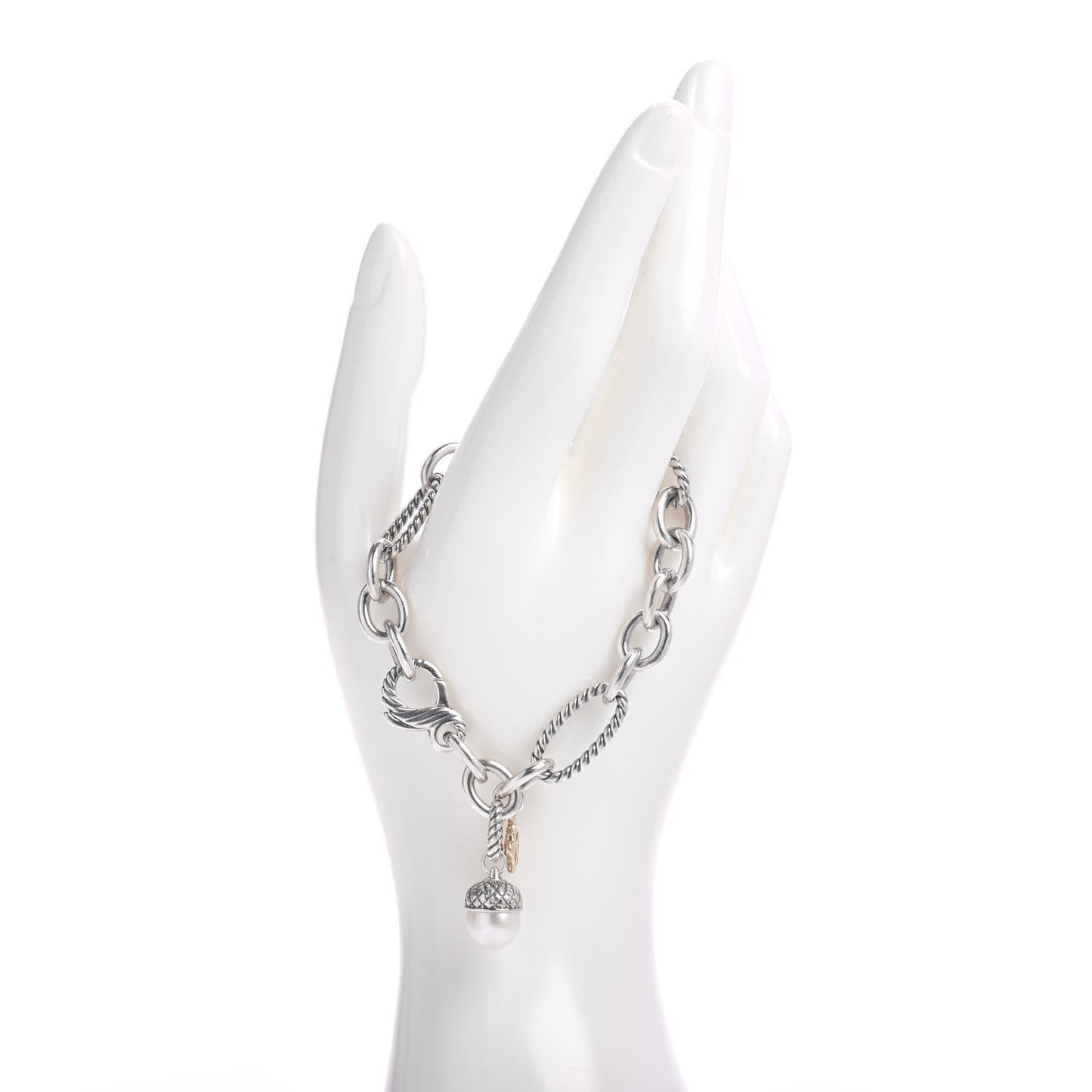 Sterling Silver 18K Yellow Gold Pearl Acorn Figaro Link Charm Bracelet
