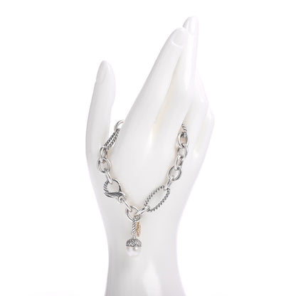 David Yurman Sterling Silver 18K Yellow Gold Pearl Acorn Figaro Link Charm Bracelet 2 of 4