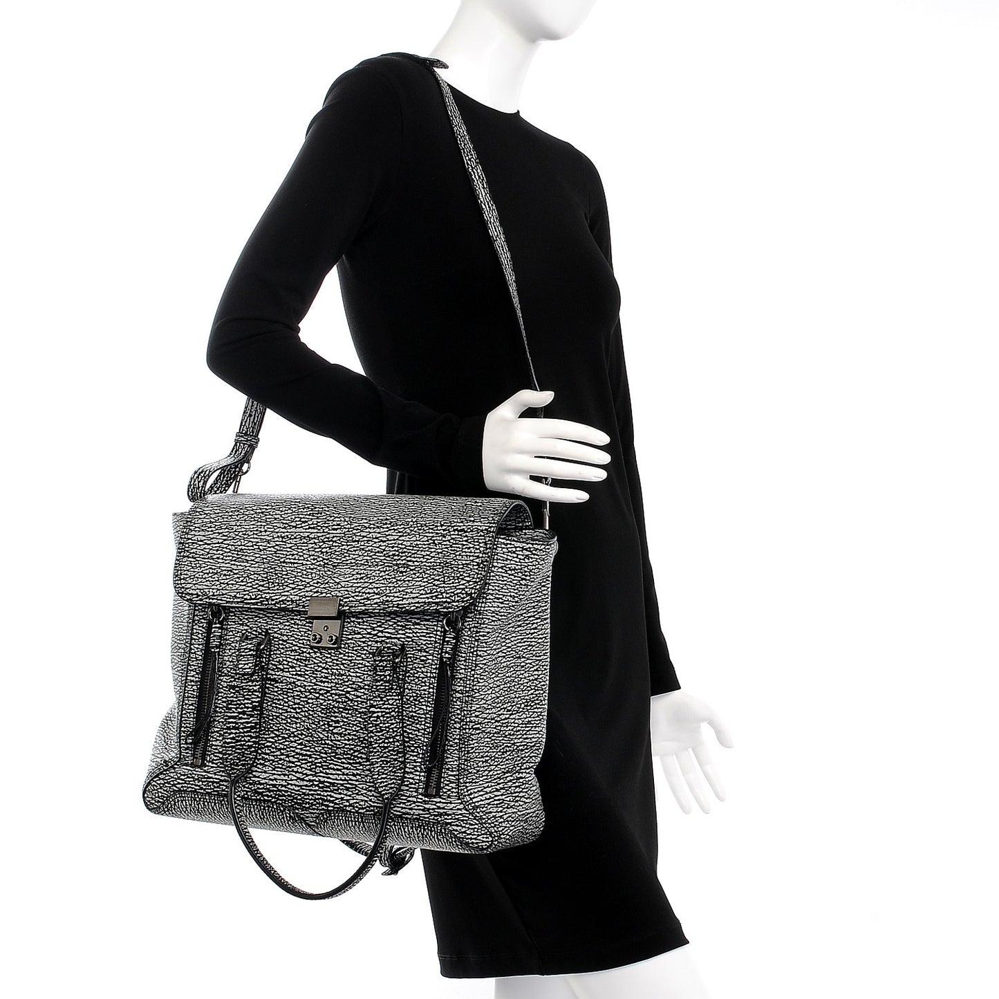 3.1 Textured Calfskin Large Pashli Satchel Black Cream