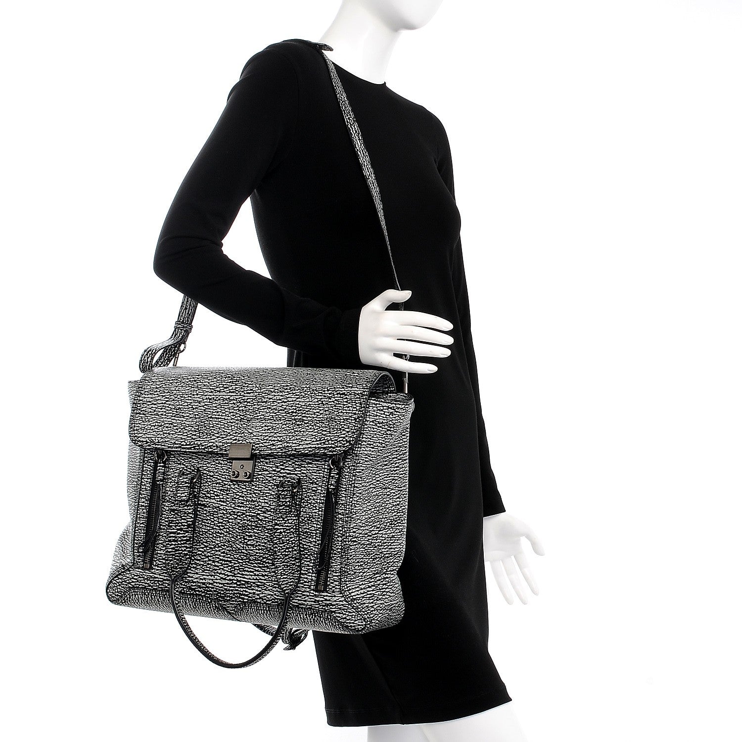 3.1 Phillip Lim 3.1 Textured Calfskin Large Pashli Satchel Black Cream 2 of 8