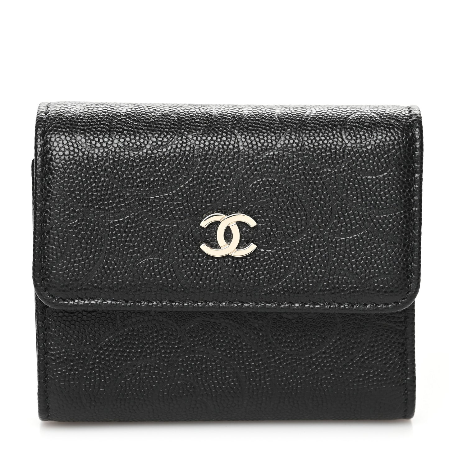 Caviar Camellia Embossed Compact Wallet Black