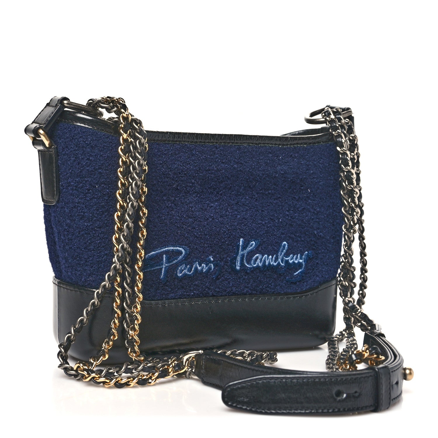 Chanel Calfskin Wool Embroidered Paris Hamburg Medium Gabrielle Hobo Dark Navy Blue 3 of 11