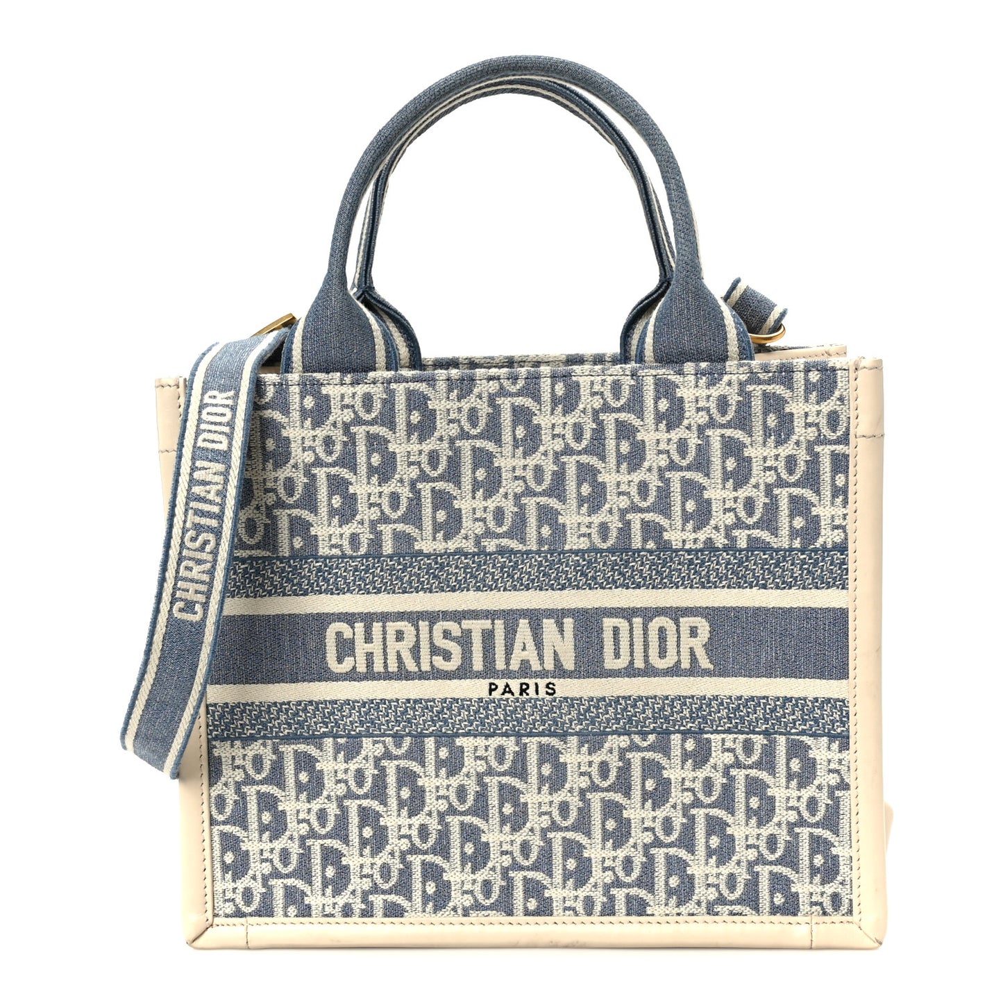 Oblique Chambray Calfskin Small Book Tote With Strap Blue Latte