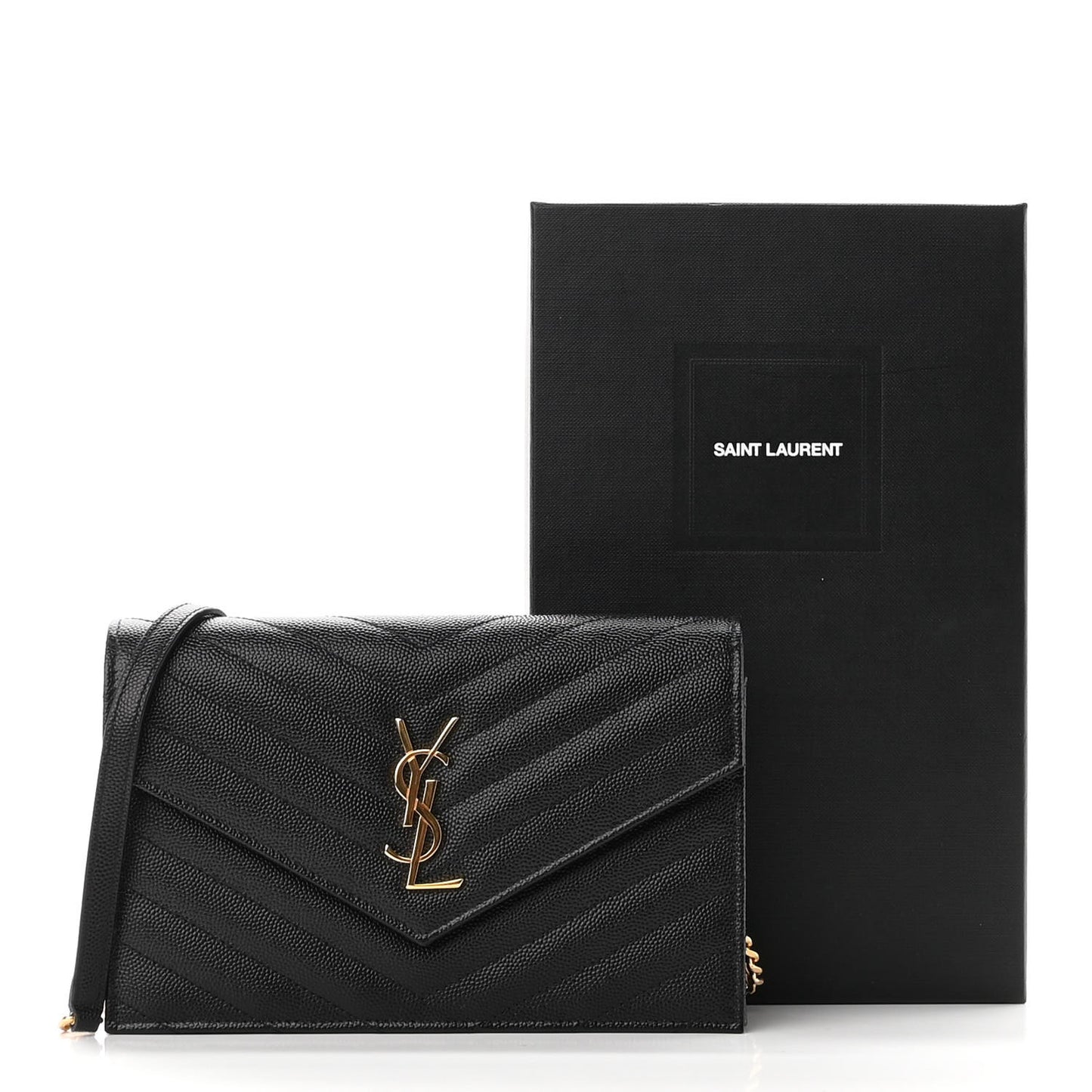 Grain De Poudre Matelasse Chevron Monogram Envelope Chain Wallet Black