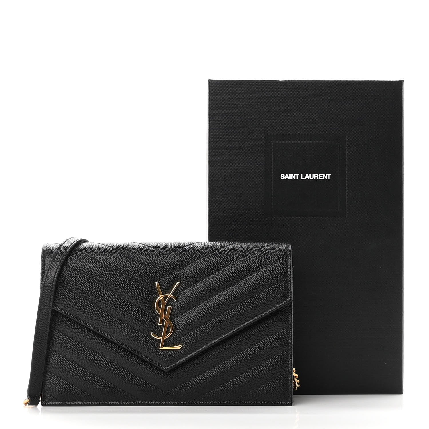 Saint Laurent Grain De Poudre Matelasse Chevron Monogram Envelope Chain Wallet Black 10 of 10