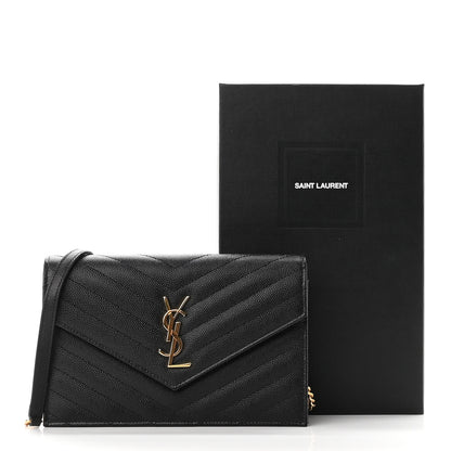 Saint Laurent Grain De Poudre Matelasse Chevron Monogram Envelope Chain Wallet Black 10 of 10