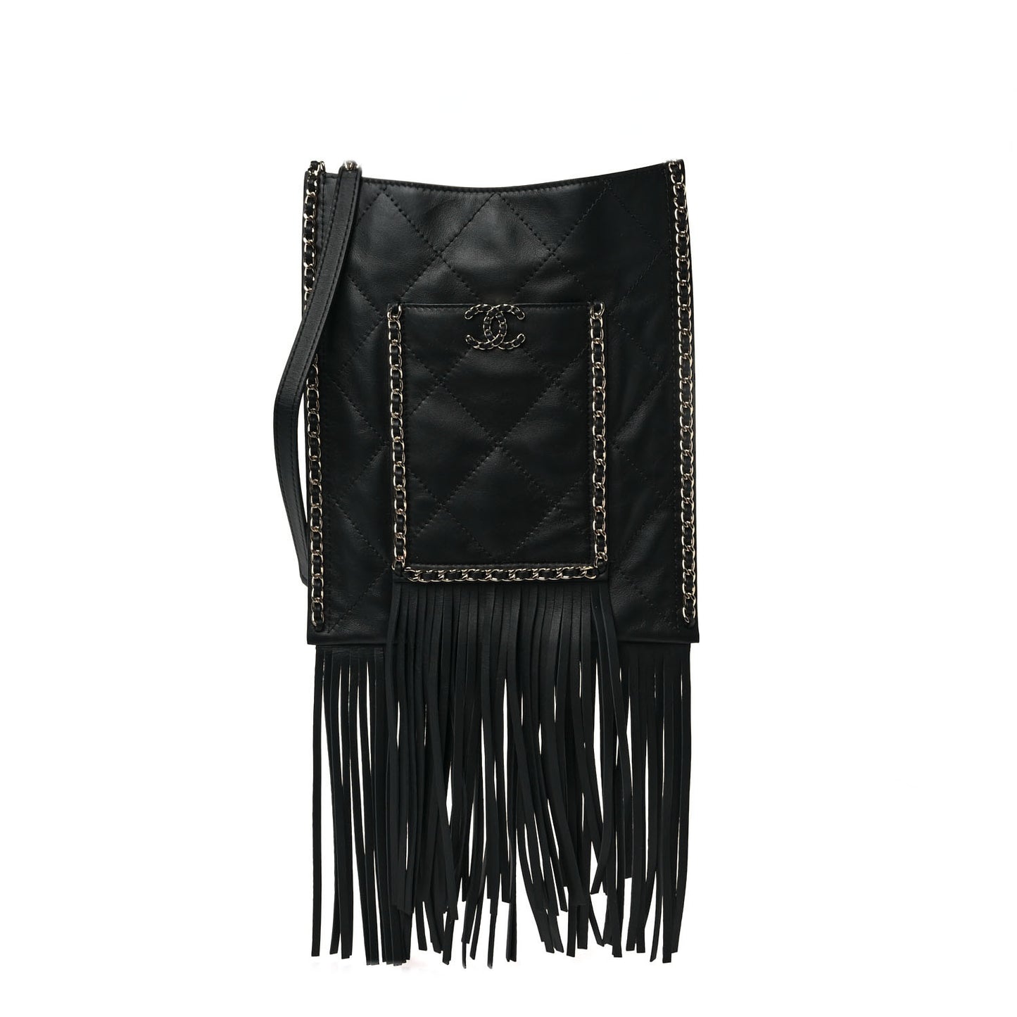 Calfskin Quilted Fringe Small Shopping Bag Black