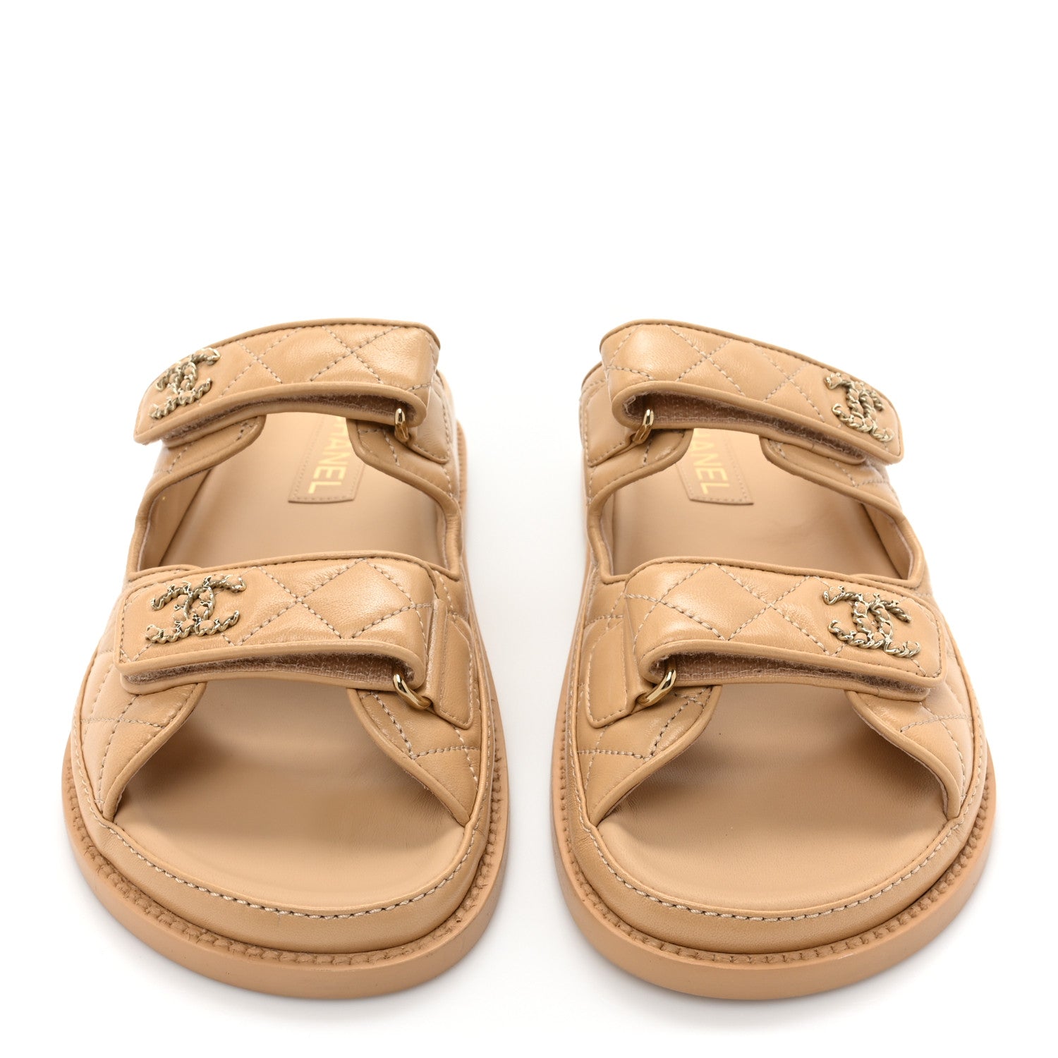 Chanel Lambskin Quilted Velcro Dad Chain CC Slide Sandals 38 Beige 2 of 8