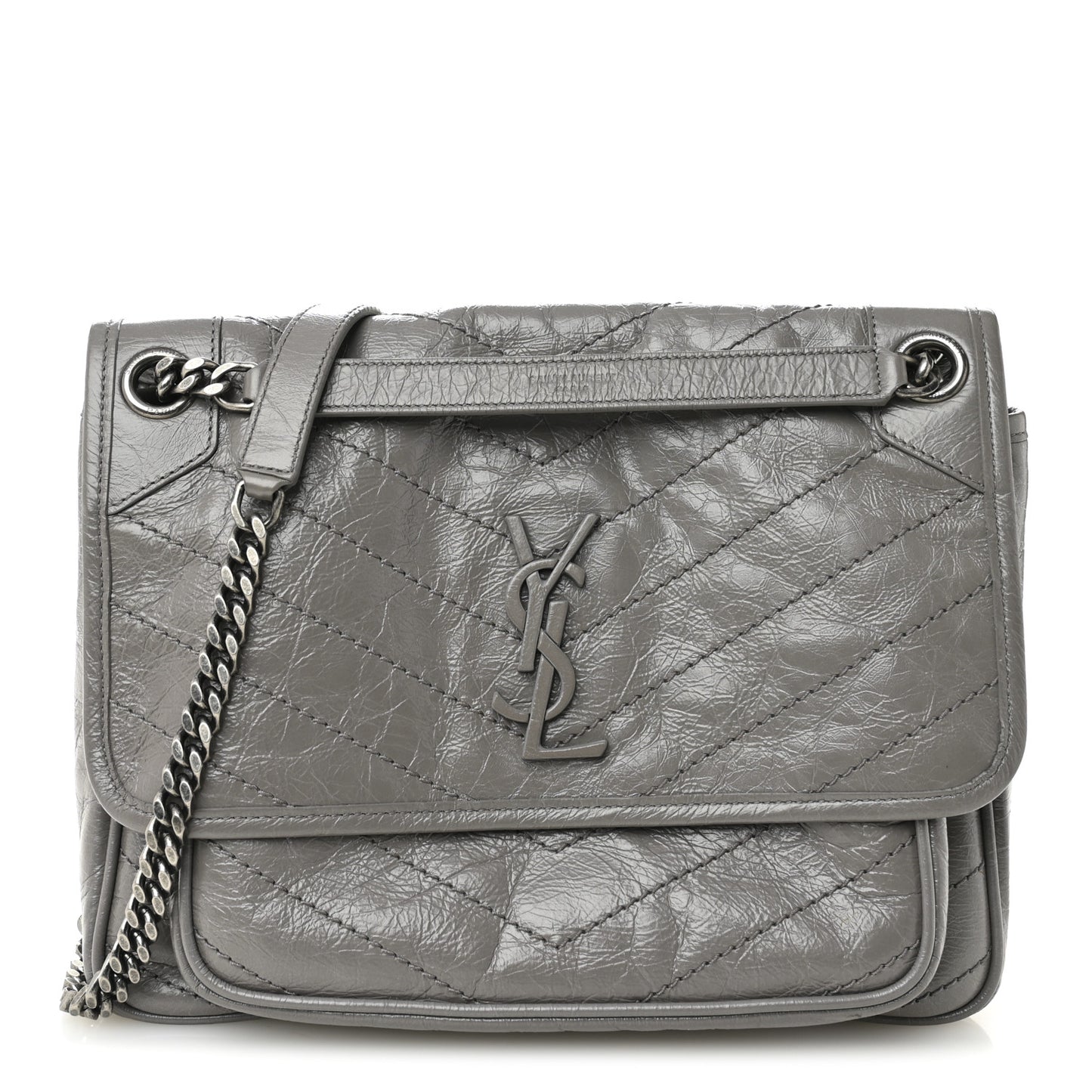 Crinkled Calfskin Matelasse Monogram Medium Niki Chain Satchel Fog
