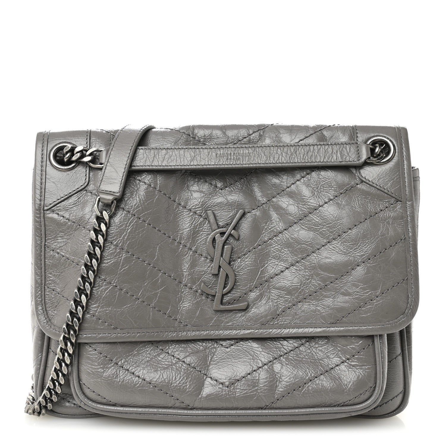 Saint Laurent Crinkled Calfskin Matelasse Monogram Medium Niki Chain Satchel Fog 1 of 10