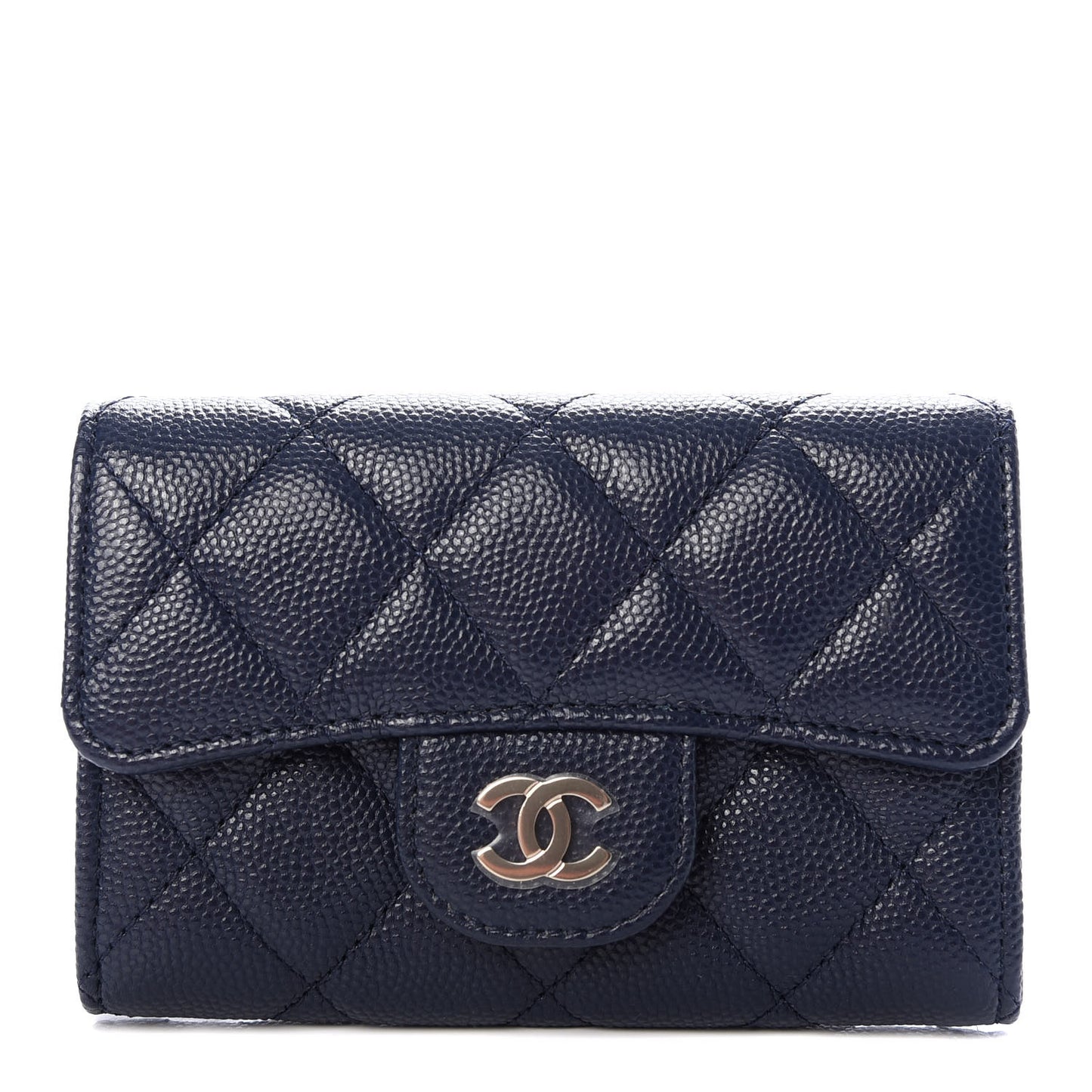Caviar Quilted Flap Card Holder Wallet Navy Blue