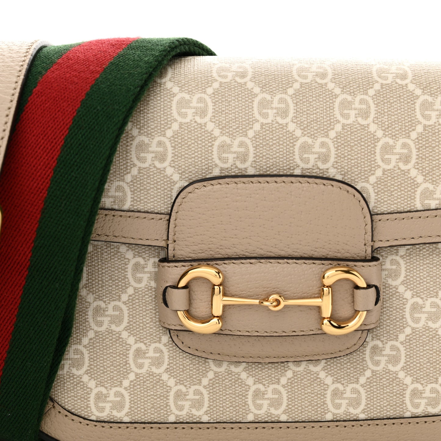 GG Supreme Monogram Textured Dollar Calfskin Web Mini Horsebit 1955 Shoulder Bag Beige Mystic White Oatmeal
