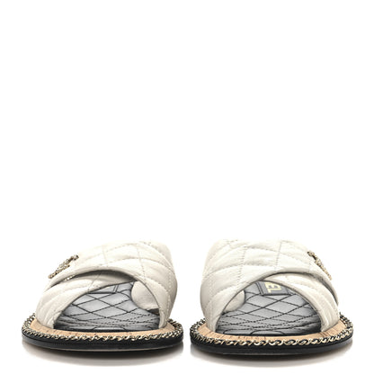 Chanel Shiny Lambskin Quilted  Metal Chain CC Sandals 36 White 3 of 10