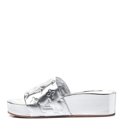 Louis Vuitton Metallic Lambskin Embossed Monogram Jumbo Flatform Mule Sandals 37 Silver 1 of 11