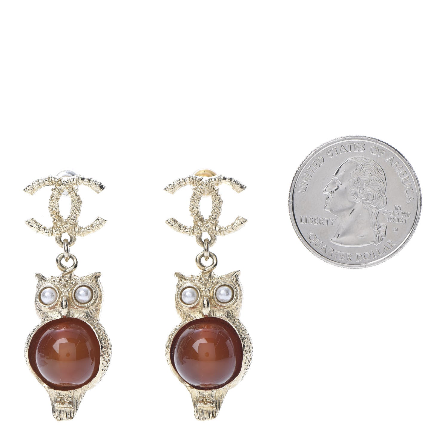 Chanel Resin Pearl CC Owl Earring Gold Orange 2 of 4