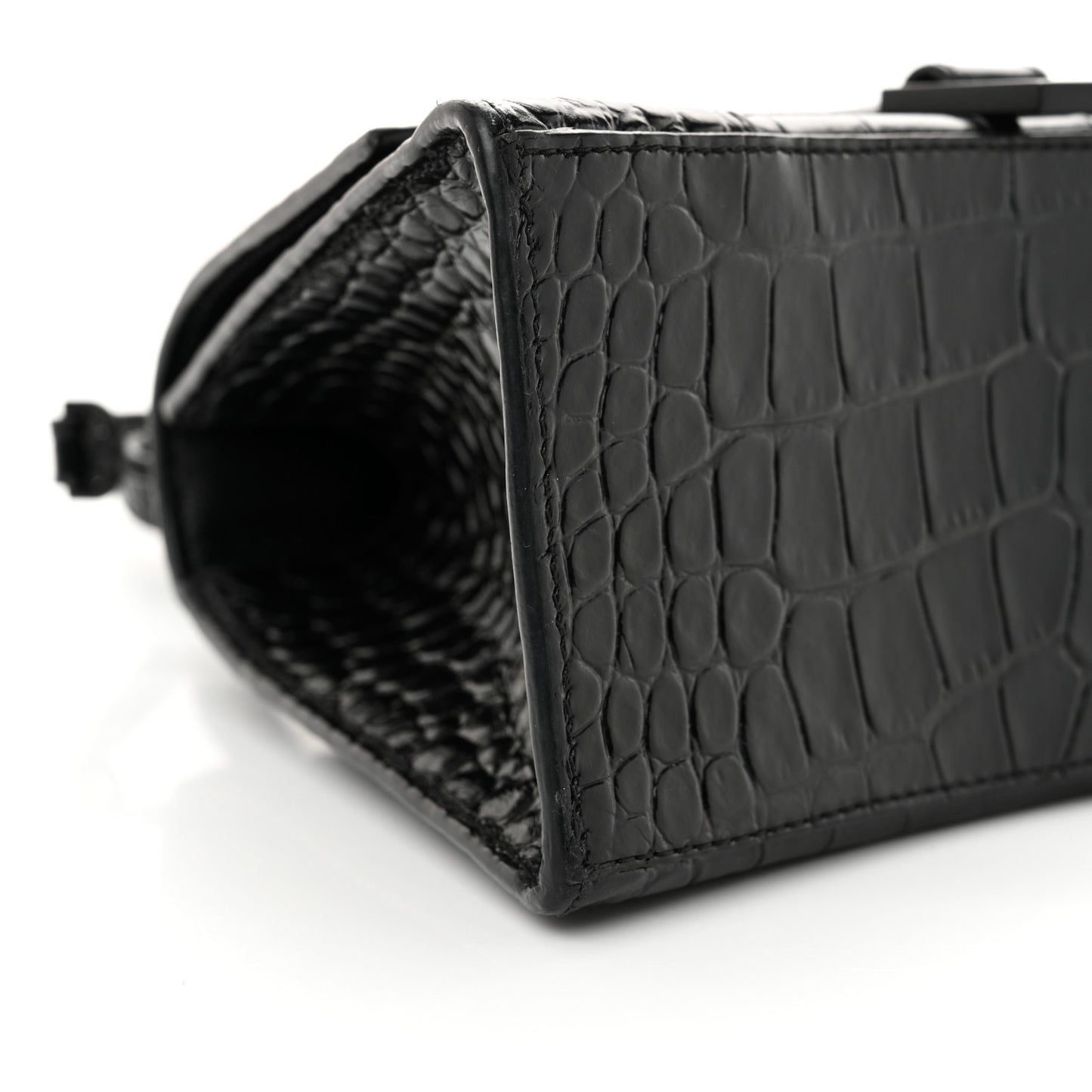 Shiny Calfskin Monochrome Crocodile Embossed Small Hourglass Top Handle Bag Black