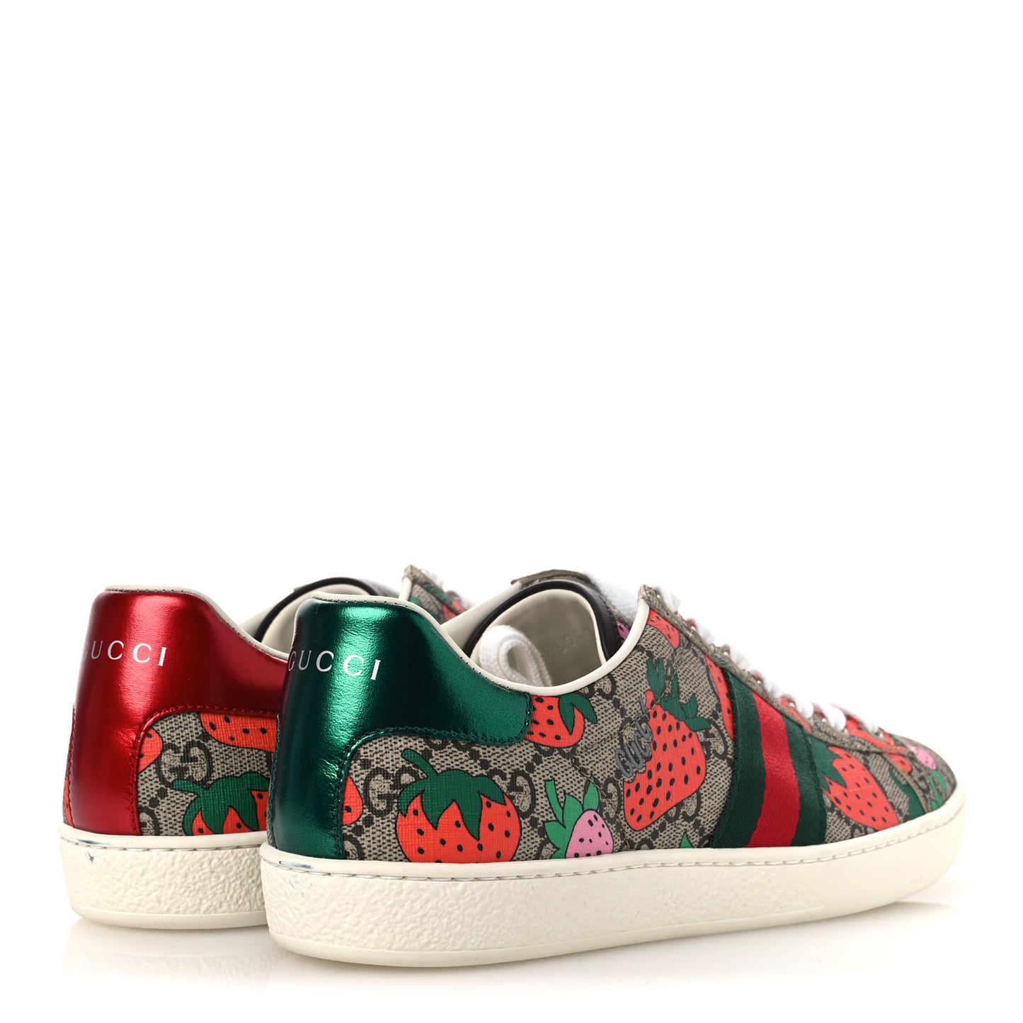 GG Supreme Monogram Strawberry Web Womens Ace Sneakers 38.5 Beige Multicolor Red Green