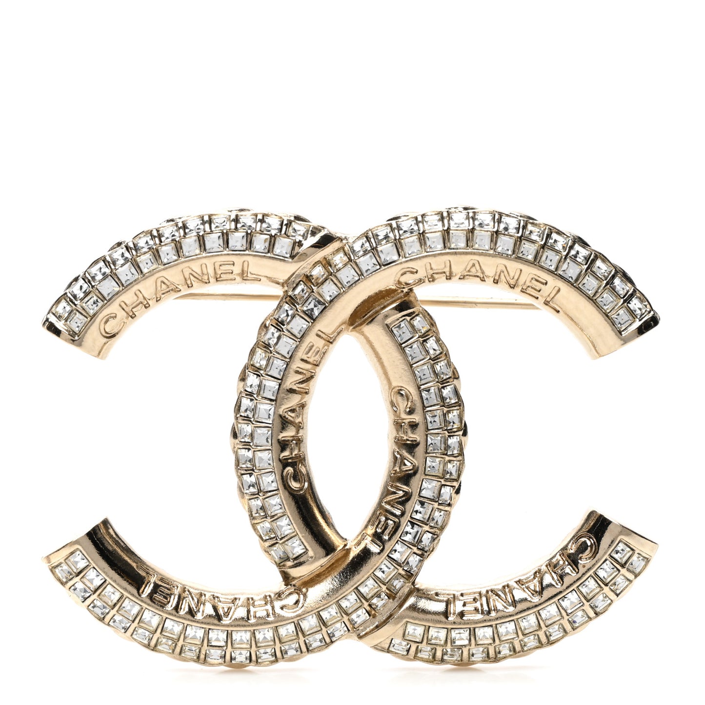 Metal Crystal Baguette CC Brooch Gold