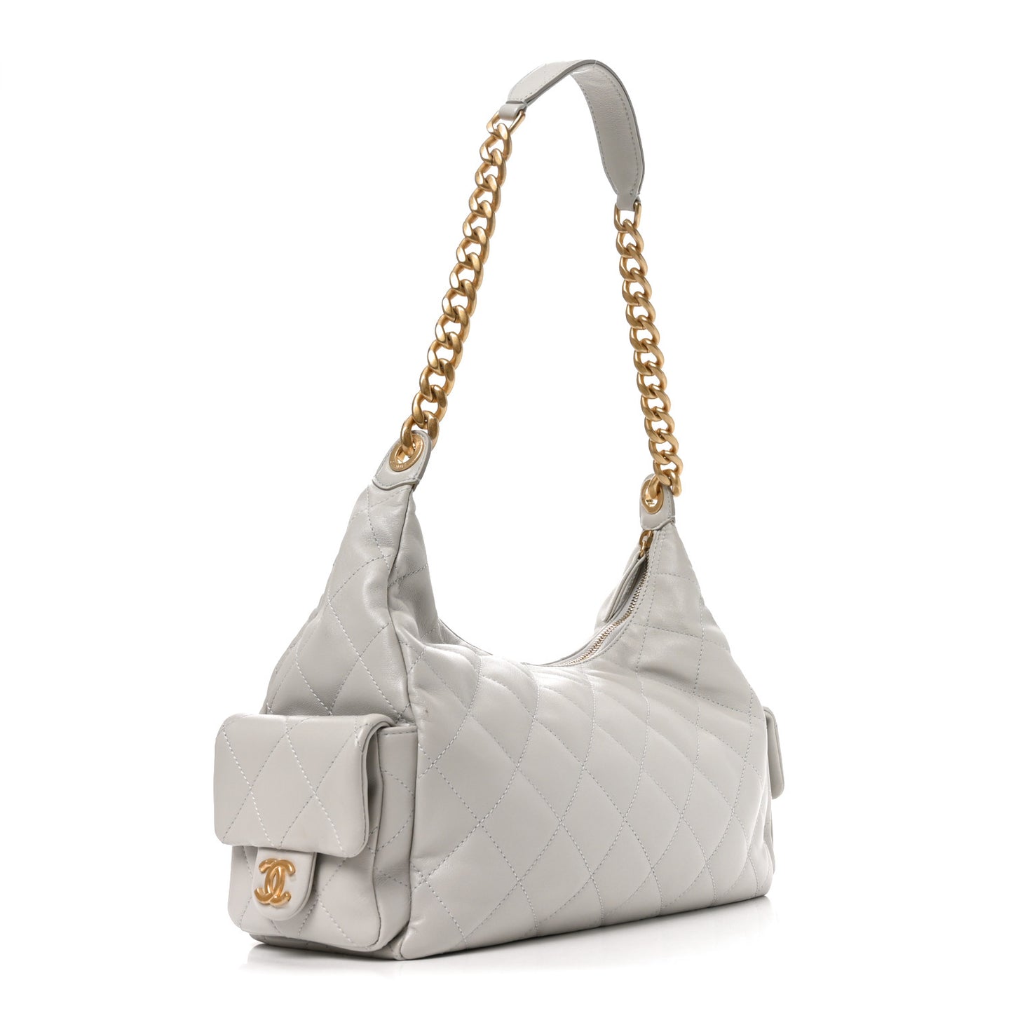 Shiny Lambskin Quilted Large Trendy Pockets Hobo Light Grey