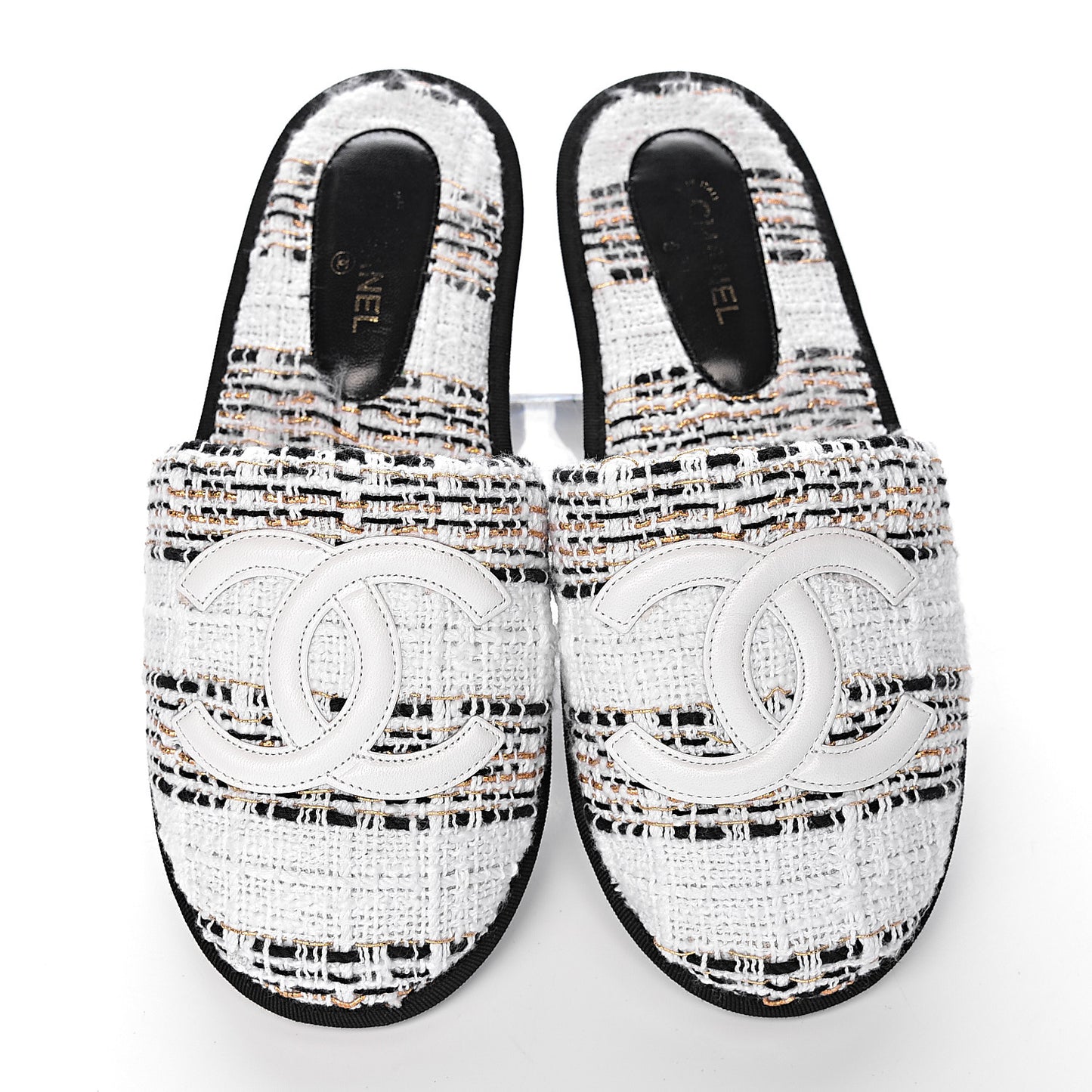 Tweed CC Flat Mules M White Black Gold