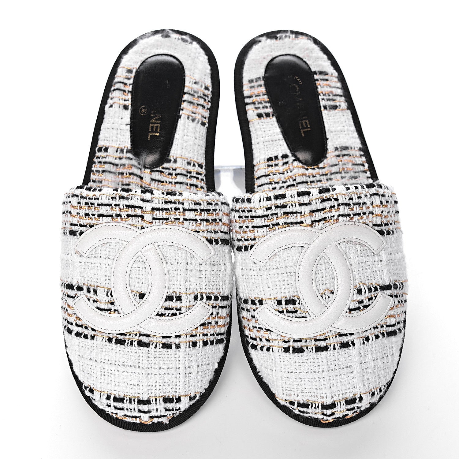 Chanel Tweed CC Flat Mules M White Black Gold 10 of 11